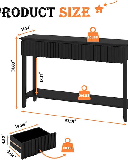 LAZZO Painted Wood Console Table Narrow Long Sofa Table Modern Behind Couch Table Fluted Entryway Table with 3 Drawers and Open Storage Shelf for Living Room, Foyer and Hallway Black (Black, 1 Tier)