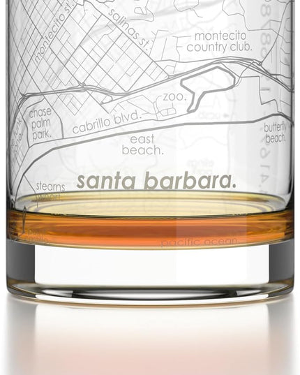Well Told Engraved Santa Barbara California Map Rocks Glass, Old Fashioned Glassware (11 oz, Clear) Etched Bourbon Tumbler, Gifts For Whiskey Lovers