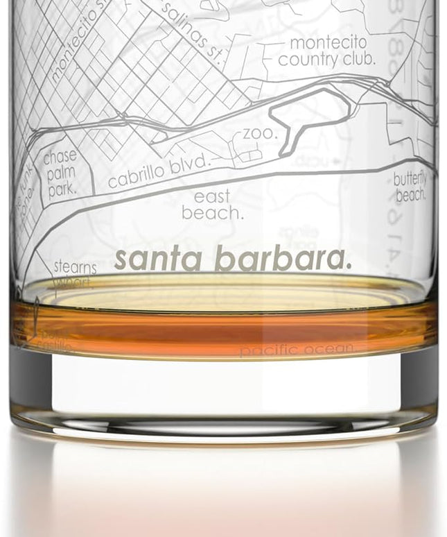 Well Told Engraved Santa Barbara California Map Rocks Glass, Old Fashioned Glassware (11 oz, Clear) Etched Bourbon Tumbler, Gifts For Whiskey Lovers