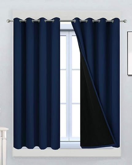 Yakamok 100% Blackout Curtains 45 Inches Long, 2 Thick Layers Total Blackout Drapes, Light Blocking Thermal Insulated Lined Blackout Curtains for Bedroom(Navy Blue, 52" Width Each Panel, 2 Panels)