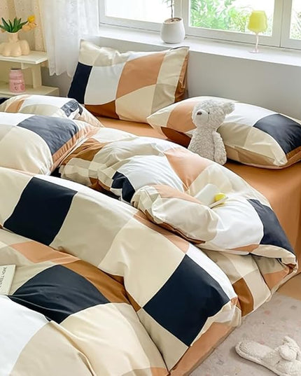 Hosueri White Beige Black Brown Cream King Plaid Comforter Set Men Women Warm Comfy Modern Multicolor Beige Orange Grid Bed Quilts Soft 3 Piece Distorted Checks Mosaic Dorm Bedding Sets King Blankets