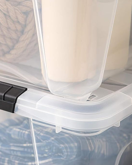 IRIS USA 32 Qt Stackable Plastic Storage Bins with Lids, 4 Pack - BPA-Free, Made in USA - See-Through Organizing Solution, Latches, Durable Nestable Containers, Secure Pull Handle - Clear