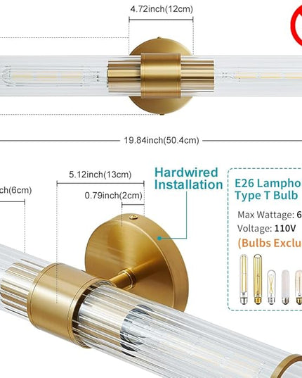 Bathroom Light Fixtures, Gold Wall Sconce in Threaded Glass Indoor Wall Sconces, Modern Bathroom Vanity Light Up and Down Sconces Wall Lighting for Living Room, Hallway - Bulb Not Included