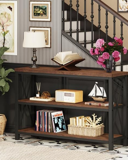BON AUGURE Rustic Console Table Behind Couch, Industrial Entryway Table with Shelves, Farmhouse 3 Tier Sofa Tables for Living Room, Entry, Hallway (47 Inch, Rustic Oak)