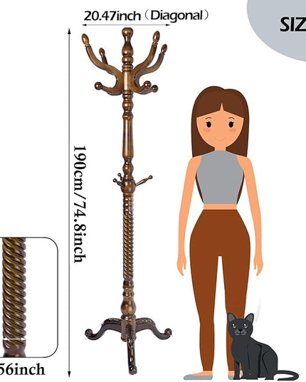 Coat Racks Free Standing with 11 Hooks, Natural Wood Coat Stands for Entryway, Adjustable Height 74 in Tree Coat Rack Stand for Hallway Home Office Bedroom (Brown Triangle)