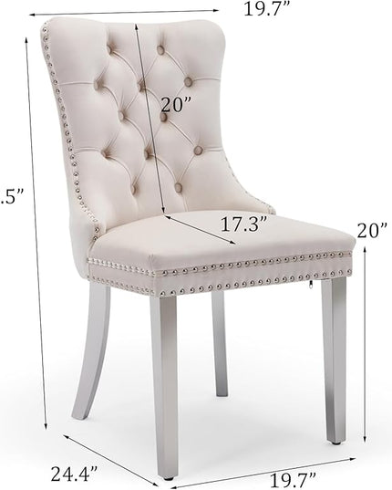 SoarFlash Velvet Dining Chairs Set of 2, Tall Back Side Chair, Modern Upholstered High-end Tufted Side Chair with Button Back Ring, Silver Plated Legs (Beige)