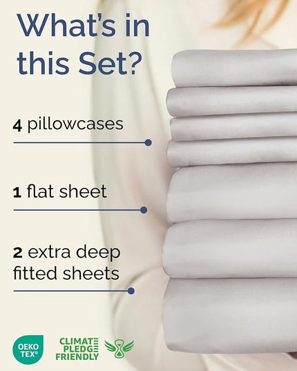 Extra Deep Split King Sheet Set - 7 Piece Breathable & Cooling Sheets - Hotel Luxury Bed Sheets Set - Easy Fit - Soft, Wrinkle Free & Comfy Sheets Set - French Grey Sheet Set with Extra Deep Pockets