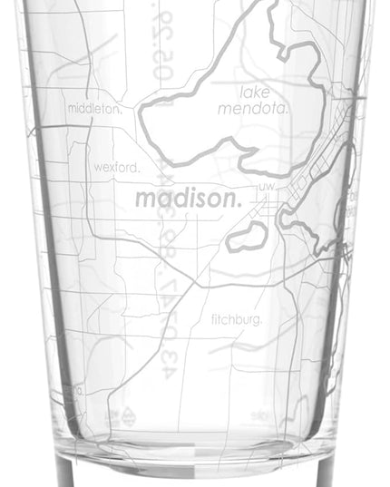 Well Told Engraved Madison Wisconsin Map Pint Glass, Etched Beer Gift (16 oz, Clear) City Map Pint, Custom City Glassware, Gifts For Beer Lovers
