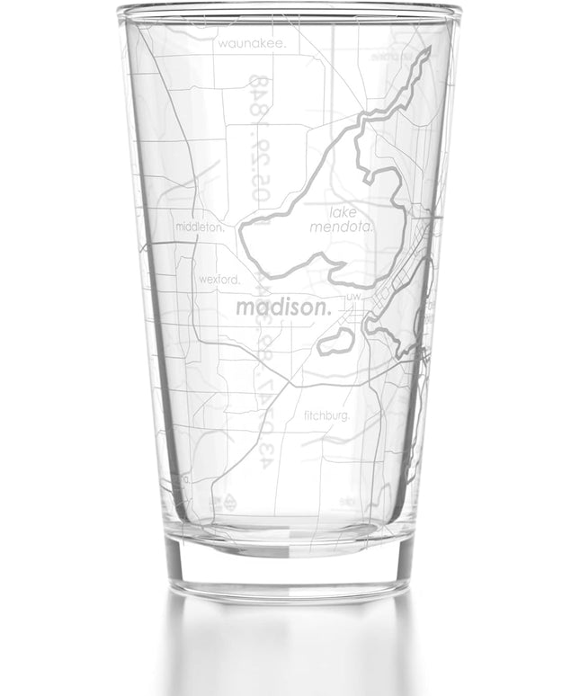 Well Told Engraved Madison Wisconsin Map Pint Glass, Etched Beer Gift (16 oz, Clear) City Map Pint, Custom City Glassware, Gifts For Beer Lovers