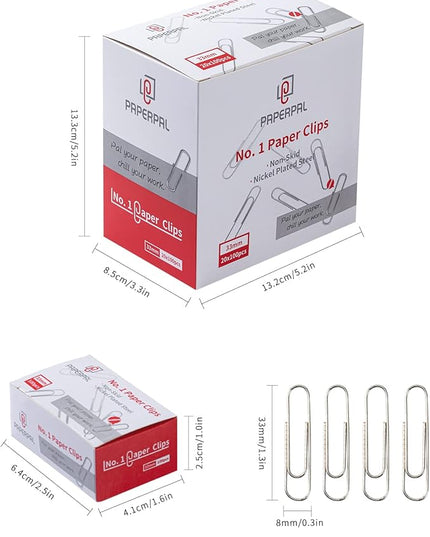 PAPERPAL Paperclips for Office School & Personal Use, #1 Nonskid Paper Clip (1-2/7"), 2000 Medium Paper Clips (20 Boxes of 100 Each), Silver