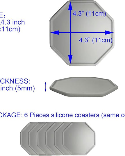 6 Pieces Silicone Coasters, Octagon Shape Hot Cup Mat for Drinks, Heat Resistant Glass Cushion, Coffee Coaster for Table, Desk, Kitchen, Office, Bar Protection (Grey)