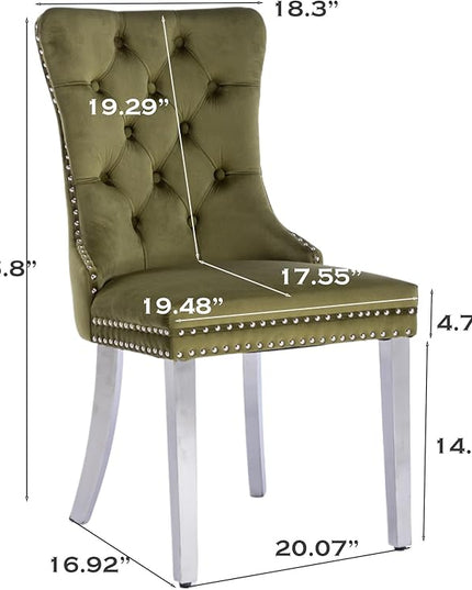 SoarFlash Velvet Dining Chairs Set of 6, Tall Back Side Chair, Modern Upholstered Side Chair with Button Back Ring, Silver Plated Stainless Steel Legs (Olive Green)