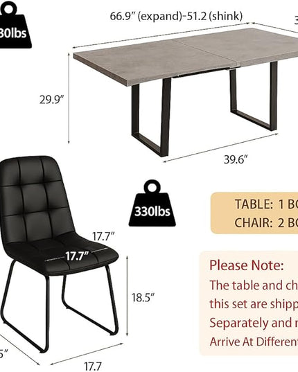 ZckyCine 67" Expandable Dining Table Set for 6, 7-Piece Modern Dining Room Table Set with Gray Wood Grain Finish and Upholstered Chairs, Extendable Kitchen Table with Black Metal Legs