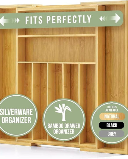 Purawood Bamboo Drawer Organizer - Expandable Silverware Organizer & Utensil Drawer Organizer, Cutlery Tray with Dividers, 7-9 Slots- Kitchen Organizer for Utensils & Flatware (Natural)