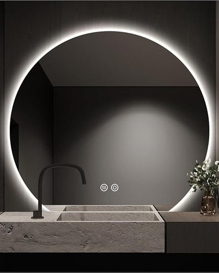 32" x 36" Half Moon Round LED Bathroom Mirror for Wall, Irregular LED Mirror with Anti-Fog, 3-Color Dimmable, Semi Circle Frameless Vanity Mirror, Explosion-Proof, CRI≥93