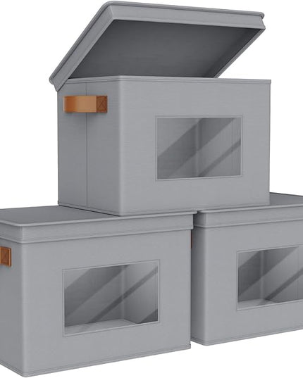 Univivi Storage Bins with Lids Collapsible Foldable Closet Storage Boxes for Clothes [3-Pack] Containers boxes with Handles Closet Storage for Home, Office, Bedroom (Grey,17" x 12"x 12")