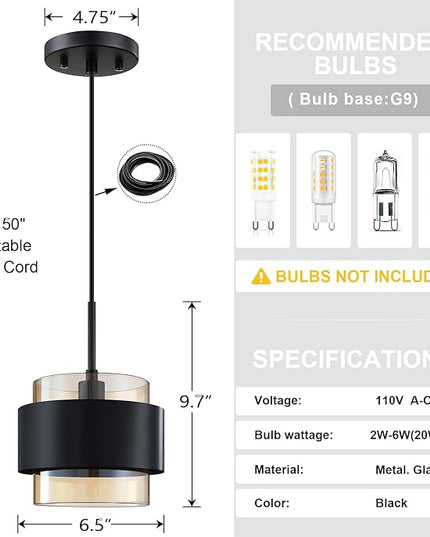 3 Pack 1 Light Hanging Kitchen Island Modern Industrial Farmhouse 6.5" Metal Shade Amber Glass Pendant Light Fixture,Black Finish Over Sink Restaurant bar Corridor
