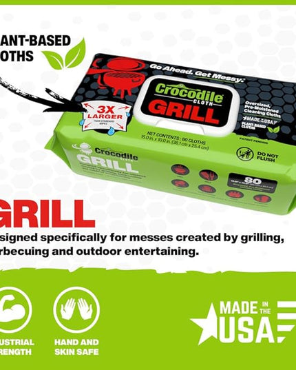 Crocodile Cloth Grill - 80 (15" x 10") Plant-based Cleaning Wipes. Safe on Skin & Multiple Surfaces. Infused with Aloe & Vitamin E. Large, Pre-Moistened & Absorbent.