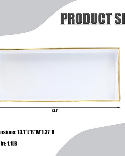 White Bathroom Vanity Tray for Countertop, Small Plastic Toilet Tank Versatile Storage & Organization Tray for Makeup, Perfume, Desk, Kitchen, Candles, 13.7"x6"x1.4", 35W