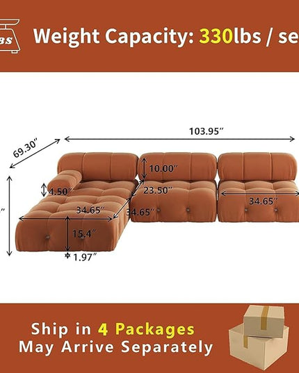 JACH 104" Sectional Couches for Living Room, L-Shaped Minimalist Velvet Sofas, Mid-Century Modular Sofa with Reversible Chaise Ottoman, Orange Sofas Furniture for Living Room, Apartment