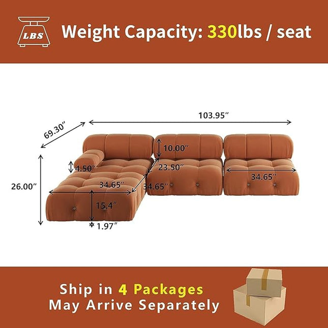 JACH 104" Sectional Couches for Living Room, L-Shaped Minimalist Velvet Sofas, Mid-Century Modular Sofa with Reversible Chaise Ottoman, Orange Sofas Furniture for Living Room, Apartment