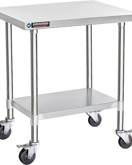 DuraSteel 24x30 NSF Stainless Steel Cart Work Table - Heavy Duty Rolling Food Prep Table Countertop Island - Metal Utility Cart on Wheels Caster, Grill Stand Storage Outdoor Kitchen Tables Bar Top
