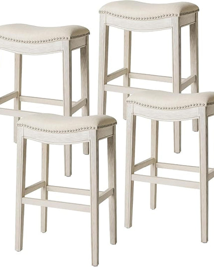 Maven Lane Adrien Backless Bar Stool – Set of 4 – 31 Inch Saddle Seat with Footrest – Cream Solid Wood Frame & Natural Fabric Upholstery – Ideal for Bars, Pub Tables & Tall Kitchen Counters