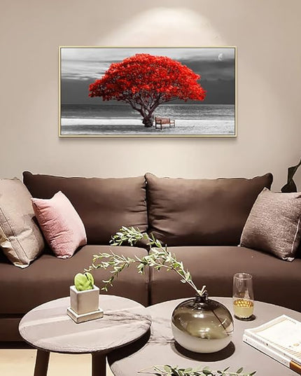 Framed Wall Decor Living Room Large Size Canvas Wall Art Black White With Landscape Moon Painting Red Trees Canvas Pictures Artwork Office Decor Boho Home Decorations Natural Wood Framed 20" X 40"