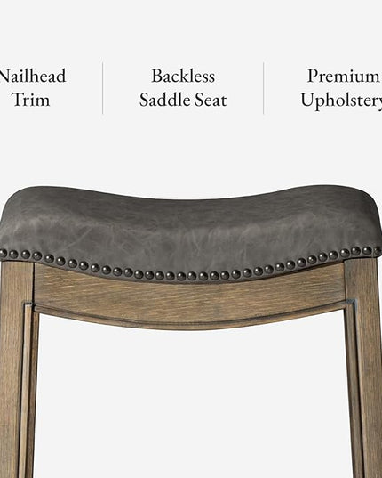 Maven Lane Adrien Backless Bar Stool – 31 Inch Saddle Seat with Footrest – Grey Solid Wood Frame & Grey Faux Leather Upholstery – Ideal for Bars, Pub Tables & Tall Kitchen Counters