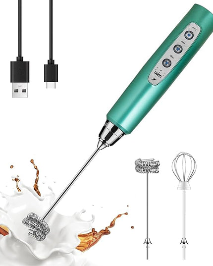 YUSWKO Green Handheld Milk Frother Wand for Coffee, Rechargeable Electric Whisk with 3 Heads 3 Speeds Drink Mixer Coffee Frother For Latte, Cappuccino, Hot Chocolate, Egg
