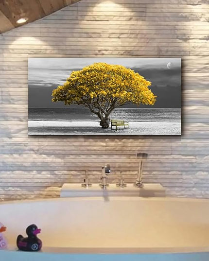 Wapluam Large Canvas Wall Art for Living Room, Office, Bedroom - Black and White Landscape Paintings With Yellow Trees - Framed Pictures Artwork Home Decor Mural 24x48 in
