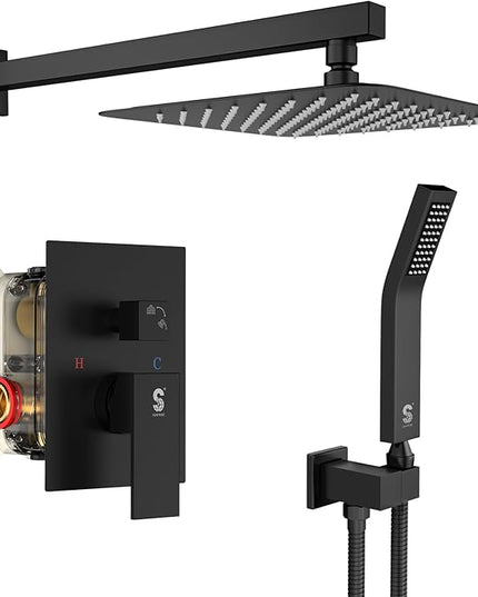 SR SUN RISE Black Square Rainfall Shower Head and Handle Set, Wall Mounted Shower Fixtures, Metal Shower Faucet Trim Repair Kits (With Shower Valve)