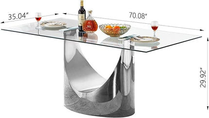 70" Large Glass Dining Table,Modern Rectangular Dining Room Table with 0.39" Tempered Glass Top & Silver Finish Stainless Steel Legs, Modern Clear Kitchen Table for Home Office