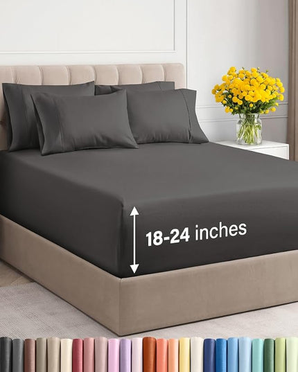 Extra Deep Queen Sheet Set - 6 Piece Breathable & Cooling Sheets - Hotel Luxury Bed Sheets Set - Easy & Secure Fit - Soft, Wrinkle Free & Comfy Sheets Set - Charcoal Sheet Set with Extra Deep Pockets