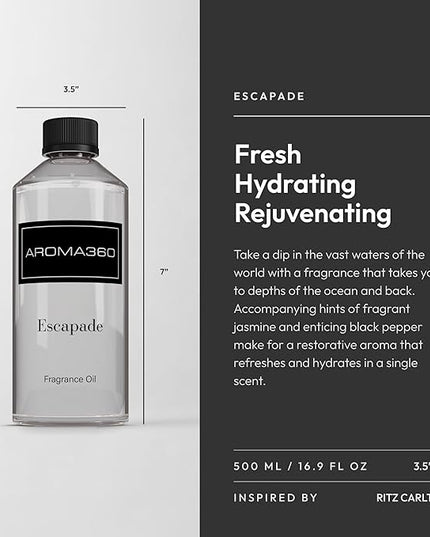 Aroma360 - Escapade Fragrance Oil Scent - Luxury Aromatherapy Scent Diffuser Oil - Hints of Lemon, Ocean, Bergamot, & Fragrant Jasmine - for Essential Oil Diffusers - for Home & Office - 500mL