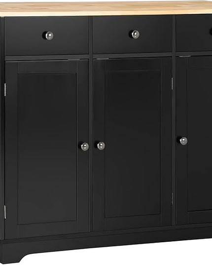 HOMCOM Sideboard with Solid Wood Countertop, Modern Kitchen Storage Cabinet, Coffee Bar Cabinet with 3 Drawers, Doors and Adjustable Shelf, Black