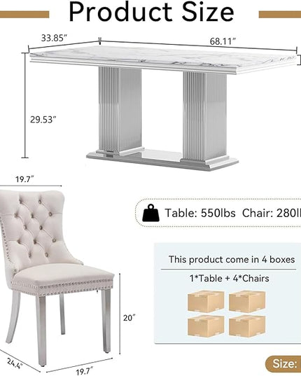 HomVent 68.11'' Rectangle Dining Table Set for 4, Modern Faux Marble Table Top & Stainless Steel Base (Silver with 4 Beige Chairs, 5 Pieces)