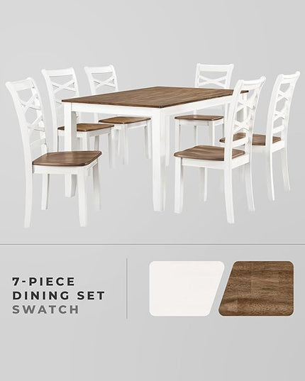 Lexicon Dining Table Set for 6 with Chairs, Wood 7 Piece Farmhouse Dining Room Table and Chairs Set of 6, Cross Back, Easy Assembly Seater for Indoor Home, Dinner, Kitchen, Cherry/White