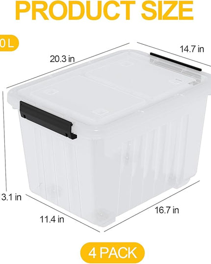 Obstnny 50 L Clear Plastic Storage Bins with Wheels, Large Lidded Organizer Boxes, 4 Pack