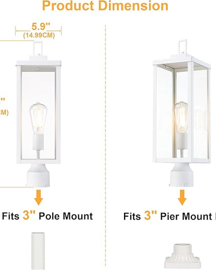 GRUENLICH Outdoor Lamp Post Light Fixtures, Exterior Pole Lantern with Tempered Glass, 20 Inch Fence Post Lighting for Garden Yard Pathway, White, 2 Pack