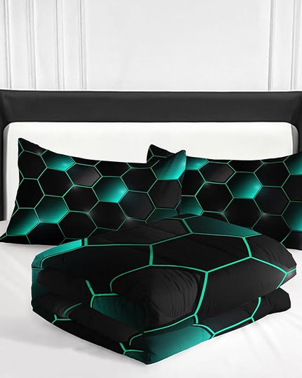 Geometric Black Green Neon Comforter Set,Light Honeycomb 3 Piece Bedding Set King for Teen Boys,Modern Bedding Quilt Set Geometry Decor,Microfiber Lightweight 1 Comforter 2 Pillowcases All Season