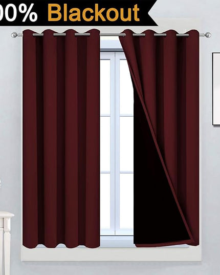 Yakamok 100% Blackout Curtains for Bedroom, Thermal Insulated 2-Layer Lined Blackout Drapes, Full Blackout Curtain Panels for Living Room(Burgundy Red, 2 Panels, 52W x 45L Inch)