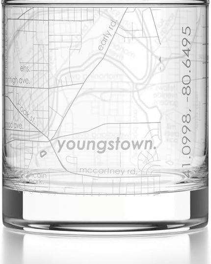 Well Told Engraved Youngstown Ohio Map Rocks Glass, Old Fashioned Glassware (11 oz, Clear) Etched Bourbon Tumbler, Gifts For Whiskey Lovers