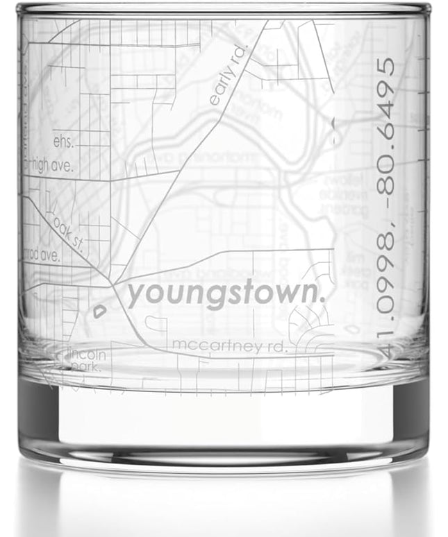 Well Told Engraved Youngstown Ohio Map Rocks Glass, Old Fashioned Glassware (11 oz, Clear) Etched Bourbon Tumbler, Gifts For Whiskey Lovers