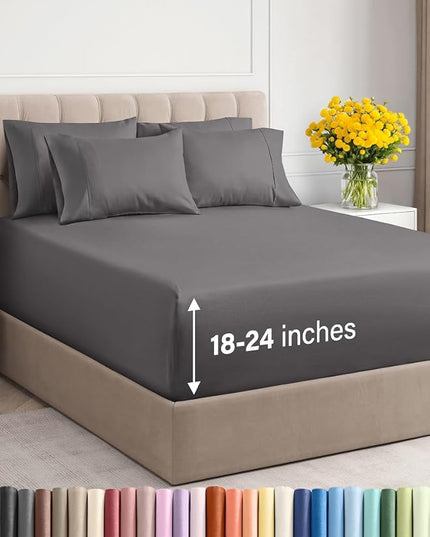 Extra Deep King Sheet Set - 6 Piece Breathable and Cooling Sheets - Hotel Luxury Bed Sheets Set - Easy & Secure Fit - Soft, Wrinkle Free and Comfy Sheets Set - Grey Sheet Set with Extra Deep Pockets