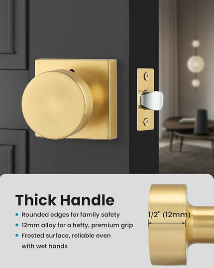 Gold Door Knobs Interior, Heavy Duty Brushed Gold Interior Door Knob, Square Bathroom/Bedroom Door Knob with Lock, Zinc Alloy Indoor DoorKnob (1 Pack)