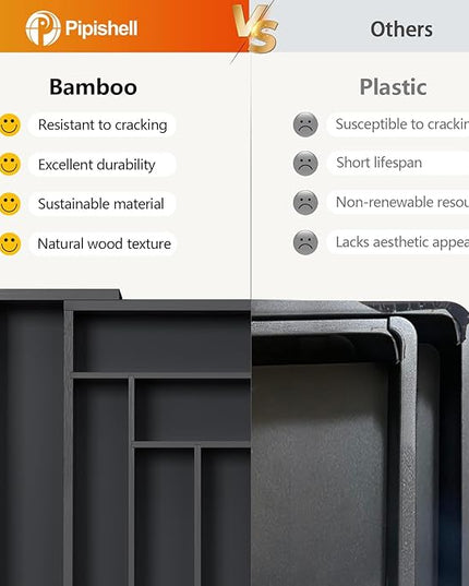 Pipishell Bamboo Expandable Drawer Organizer for Utensils Holder, Adjustable Cutlery Tray, Wood Drawer Dividers Organizer for Silverware, Flatware, Knives in Kitchen, Bedroom, Living Room (Black)