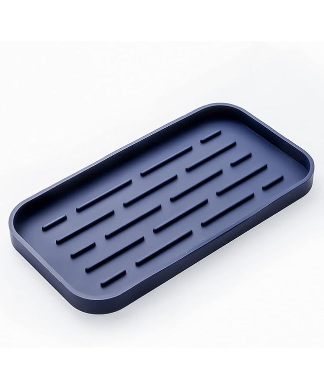 Silicone Kitchen Sink Organizer Tray for Multiple Usage,Eco-Friendly Sponges Holder for Kitchen Bathroom Counter or Sink,Dish Soap Dispenser,Scrubber,Bottle,Cup (Navy Blue, 10"×5.3")