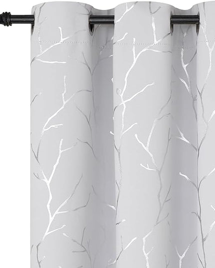 BUHUA White Blackout Curtain Panels, Room Darkening Curtains 96 Inches Long Grommet, Thermal Insulated Window Curtains with Silver Tree Branches Print, 38W x 96L, Greyish White, 2 Panels