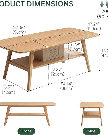 100% Solid Oak Wood Coffee Table for Living Room, 2-Tier Coffee Tables with Shelf Storage, Mid Century Modern Table with Rounded Corners (Natural Colour, 47.24" W x22.05 D x 17.32" H)